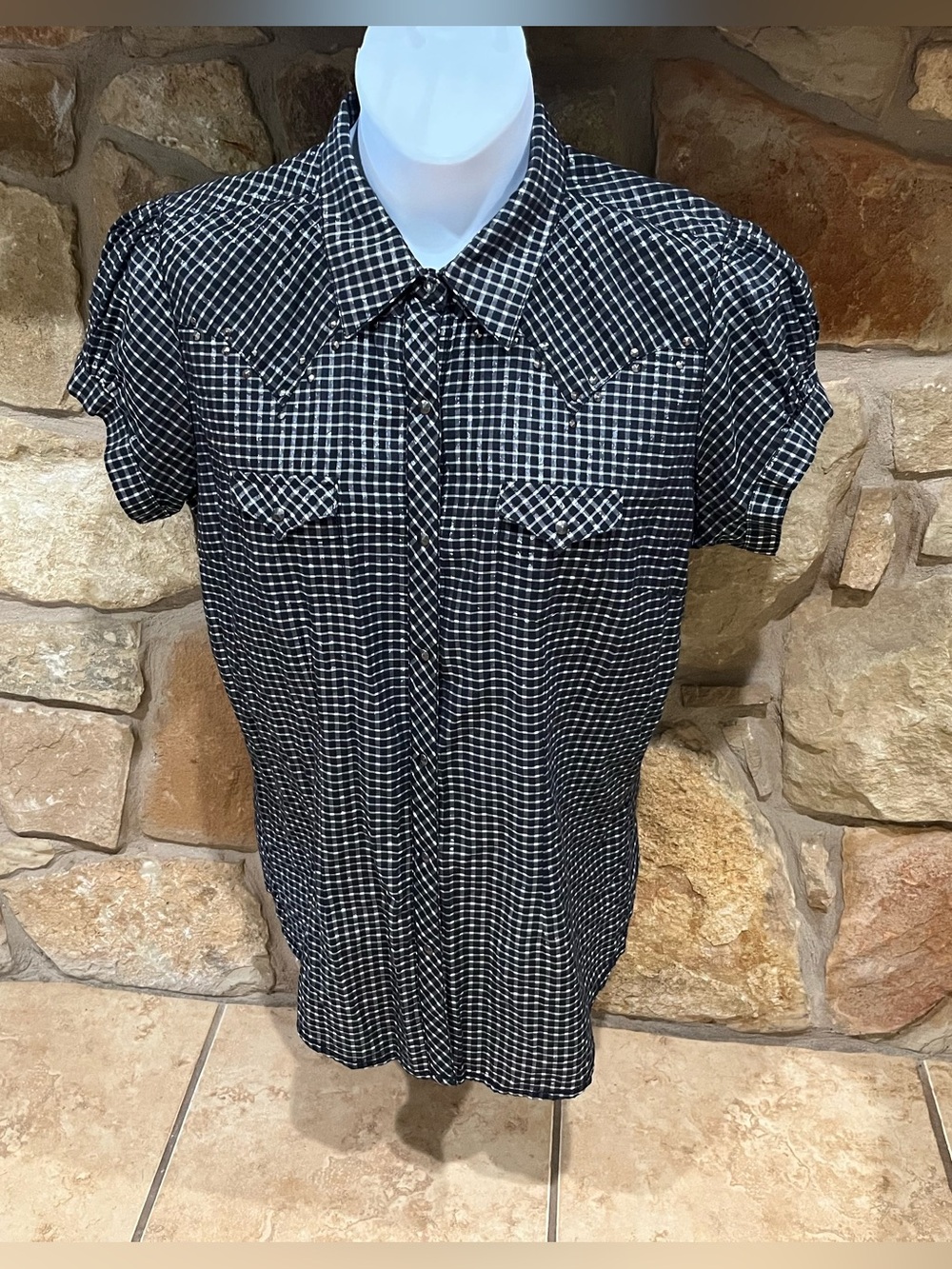 Rock 47 by Wrangler Black & White Western Snap Up Shirt Women XL Metal Studding